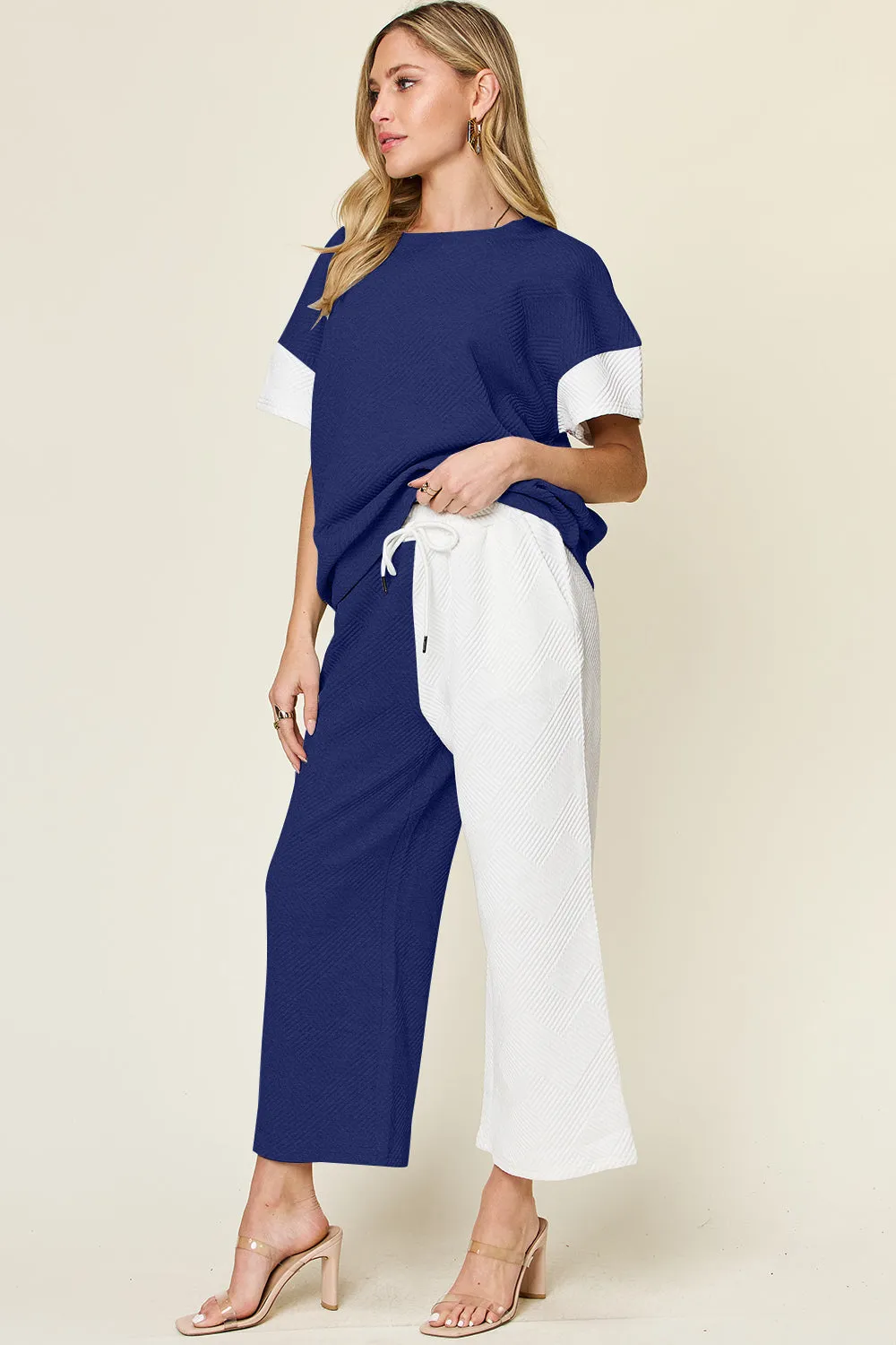 Delaney Full Size Texture Contrast T-Shirt and Wide Leg Pants Set