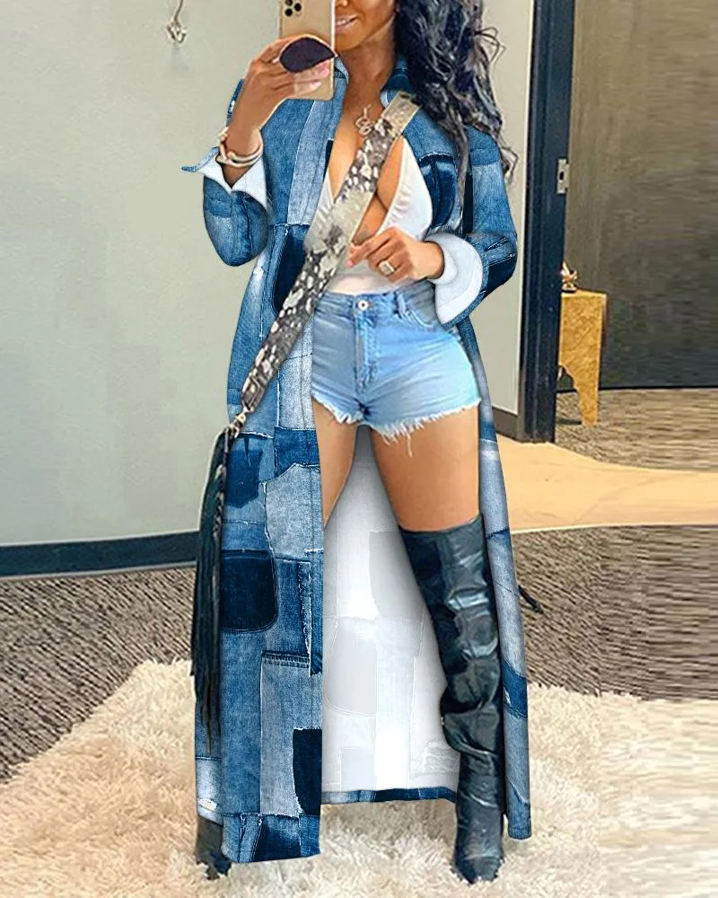 Denim Look Print Longline Shacket