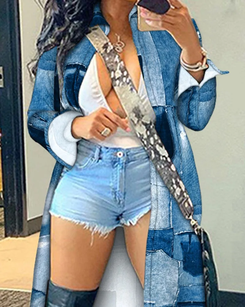Denim Look Print Longline Shacket