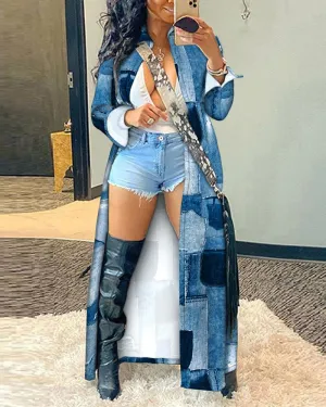 Denim Look Print Longline Shacket