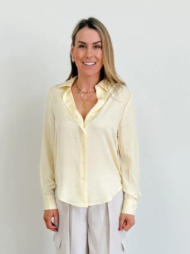 DEX Long Sleeve Flowy Satin Blouse in Lemon
