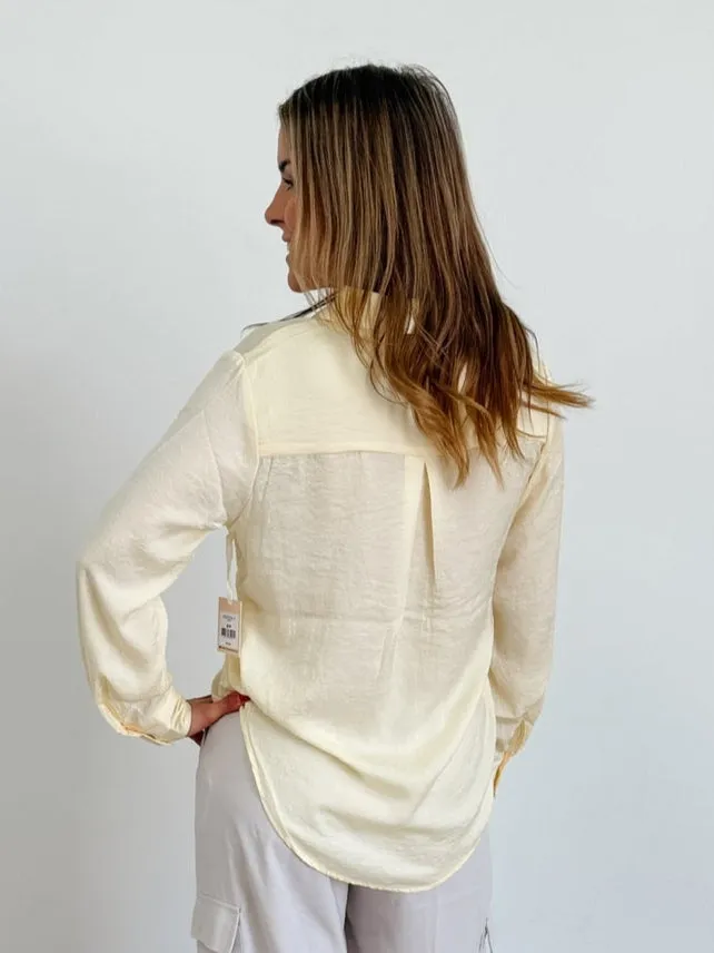 DEX Long Sleeve Flowy Satin Blouse in Lemon