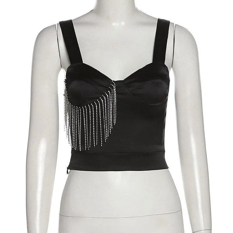Diamond Tassel Black Satin Tank Tops