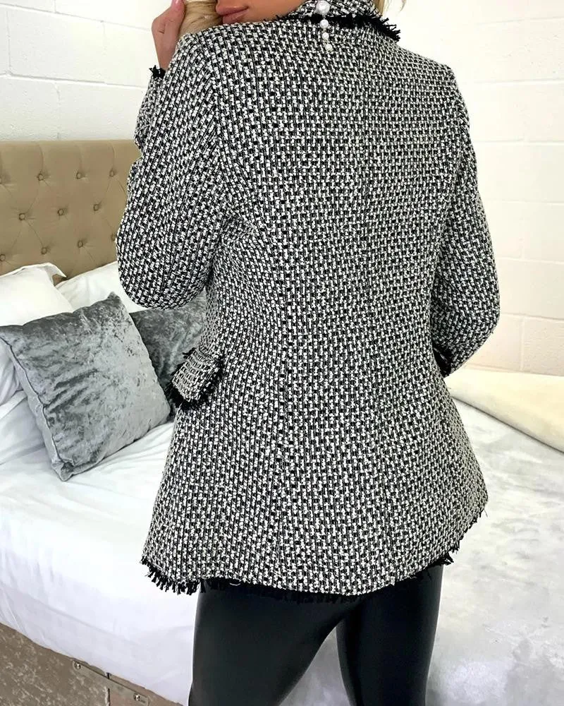 Double Breasted Fringe Hem Tweed Blazer Coat