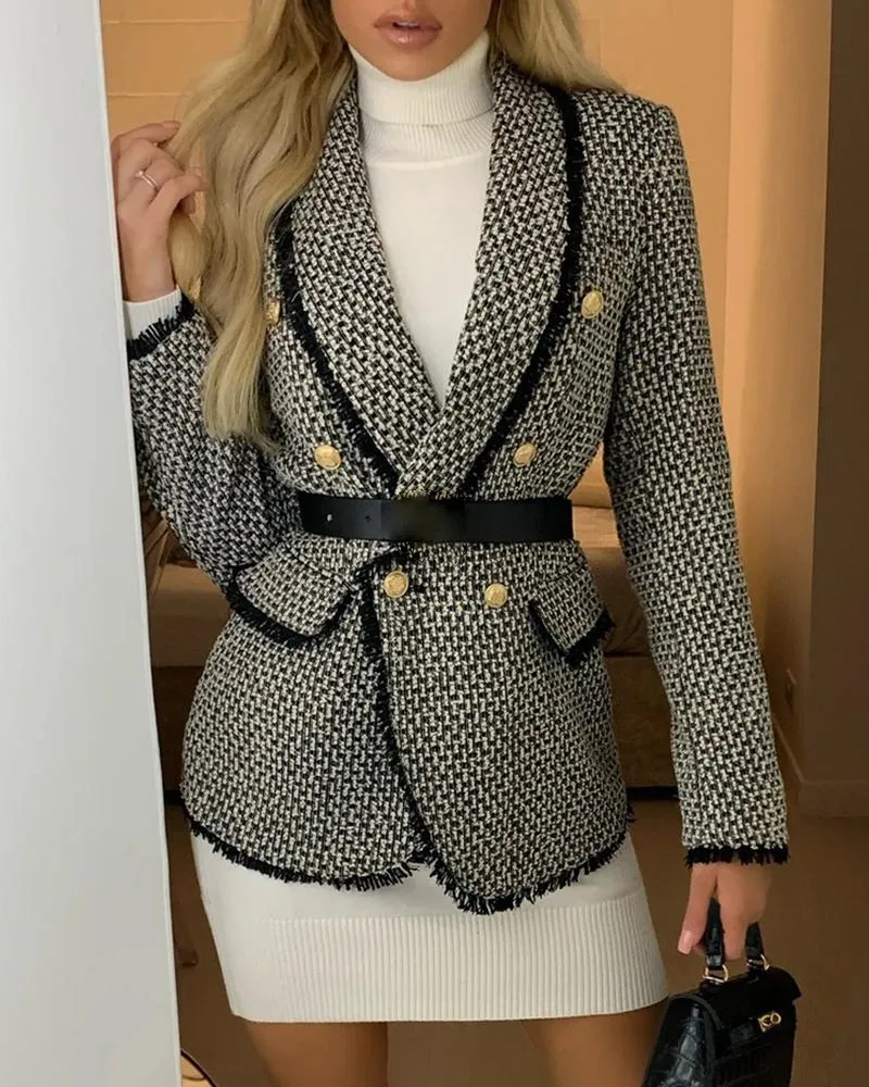 Double Breasted Fringe Hem Tweed Blazer Coat