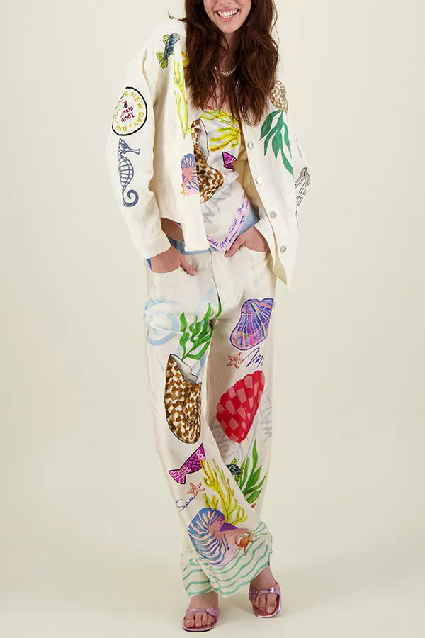 DREAM OCEAN SATIN UNIQUE PRINT BACK ELASTIC WAIST POCKETED WIDE LEG PANTS