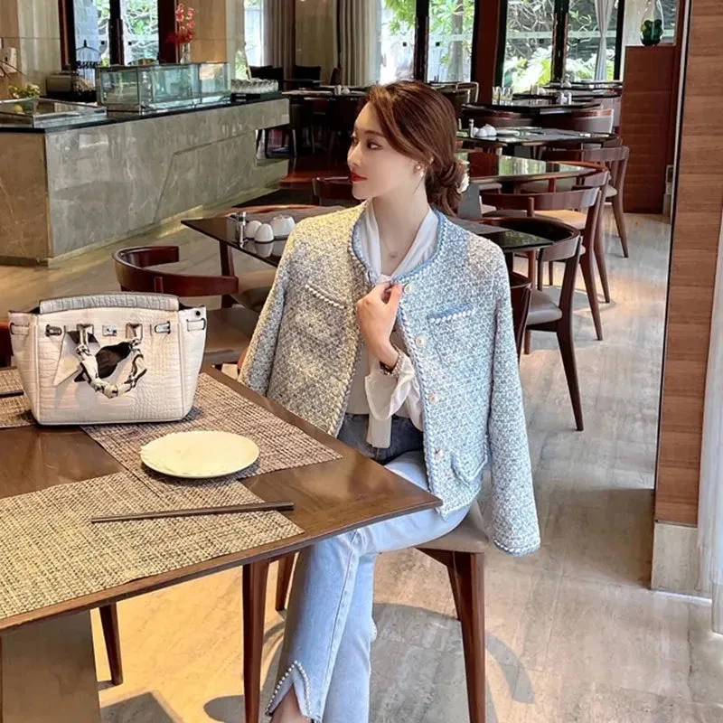 Elegant Luxury Blue Plaid Tweed Jacket Women Vintage Round Neck Pearl Button Design Short Coat Korean Fashion Chaqueta 2023 New