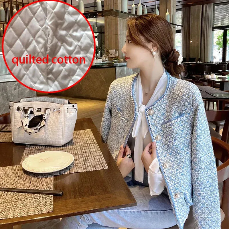Elegant Luxury Blue Plaid Tweed Jacket Women Vintage Round Neck Pearl Button Design Short Coat Korean Fashion Chaqueta 2023 New