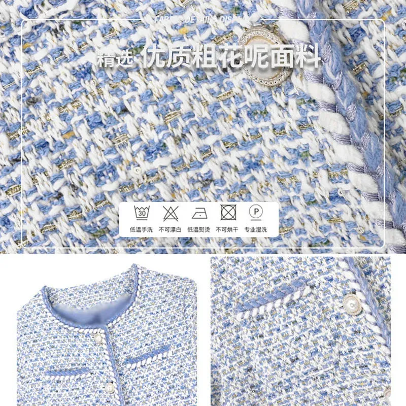 Elegant Luxury Blue Plaid Tweed Jacket Women Vintage Round Neck Pearl Button Design Short Coat Korean Fashion Chaqueta 2023 New