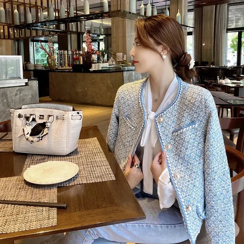 Elegant Luxury Blue Plaid Tweed Jacket Women Vintage Round Neck Pearl Button Design Short Coat Korean Fashion Chaqueta 2023 New