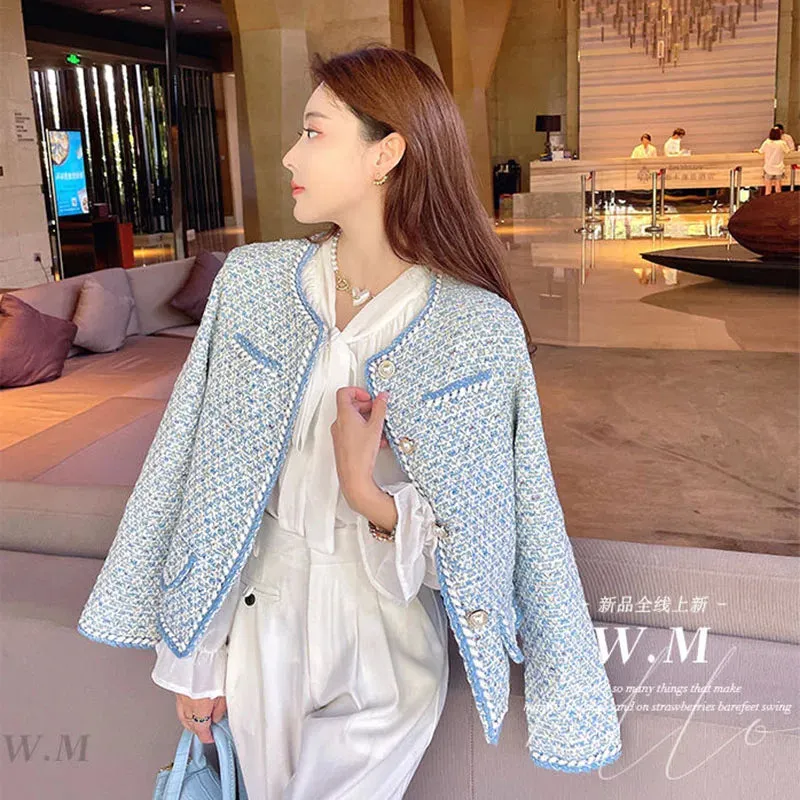 Elegant Luxury Blue Plaid Tweed Jacket Women Vintage Round Neck Pearl Button Design Short Coat Korean Fashion Chaqueta 2023 New