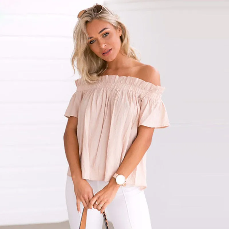 Fashion Ruffles Tops Women Slash Neck Off Shoulder Short Sleeve Top Casual Loose Female