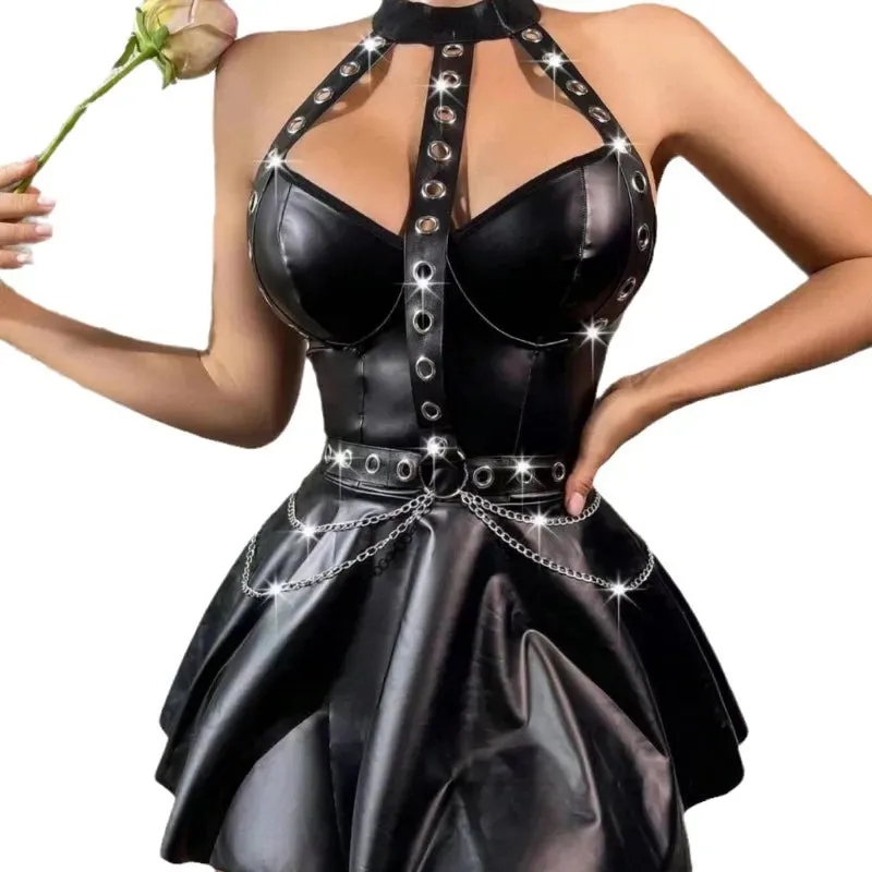 Faux Leather Dresses Halter Mini Dress