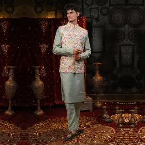 Festive Light Gray Multicolour Thread Work Embroidery Kurta Set With Jacket