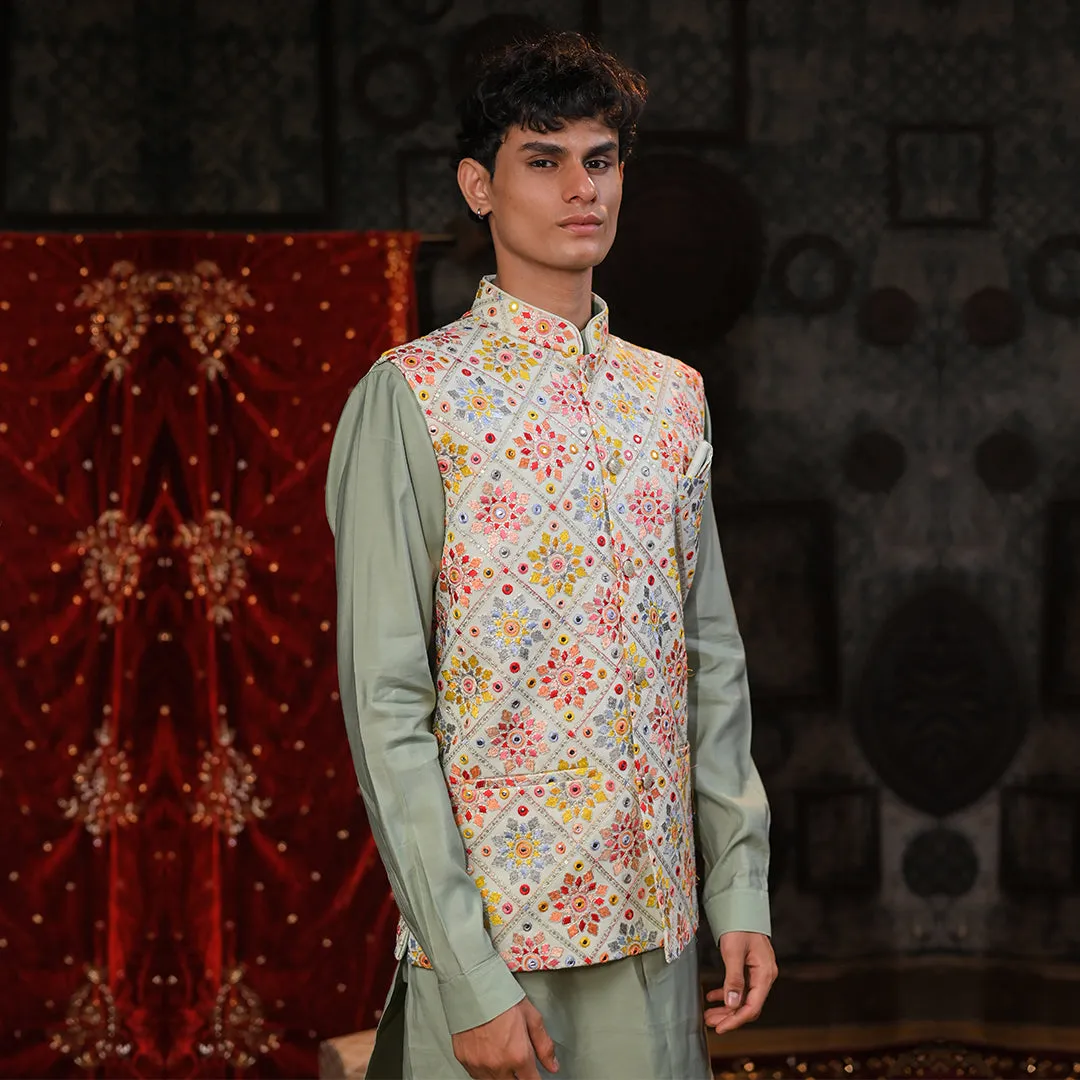 Festive Light Gray Multicolour Thread Work Embroidery Kurta Set With Jacket