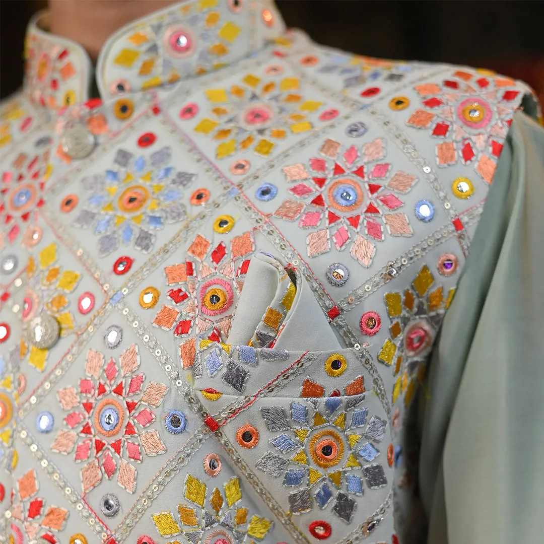 Festive Light Gray Multicolour Thread Work Embroidery Kurta Set With Jacket