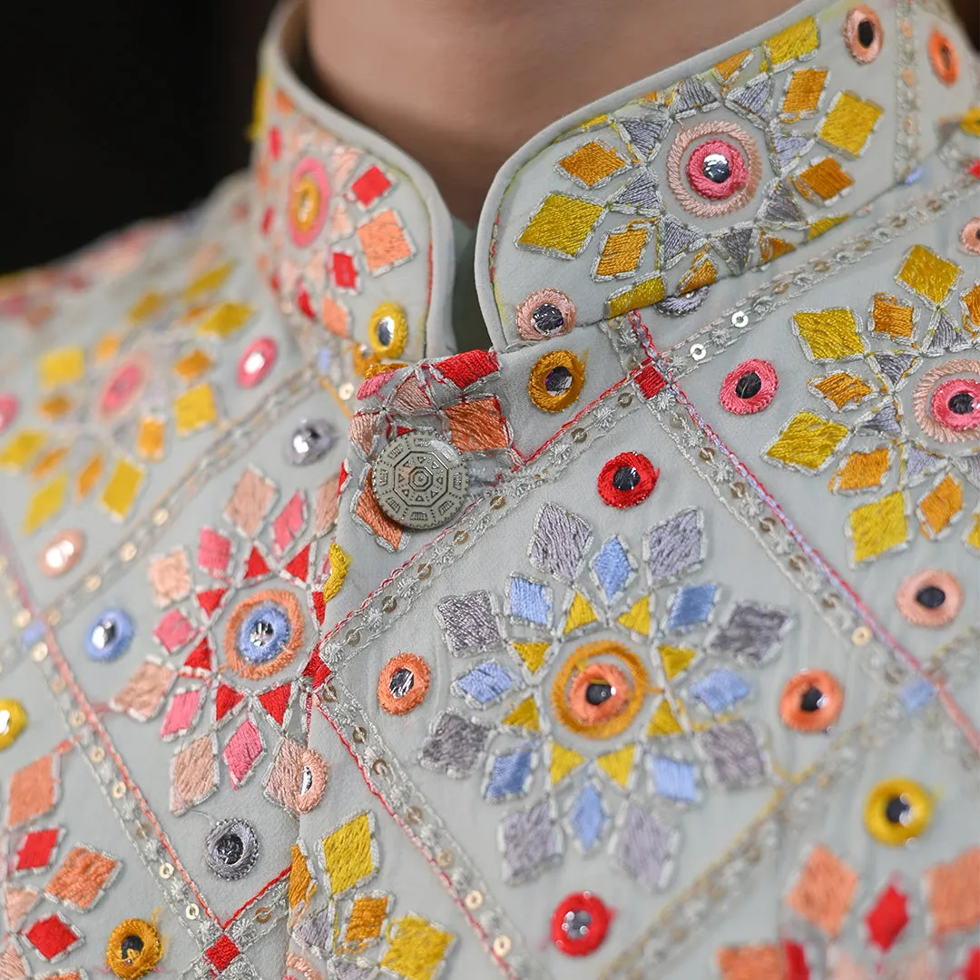 Festive Light Gray Multicolour Thread Work Embroidery Kurta Set With Jacket