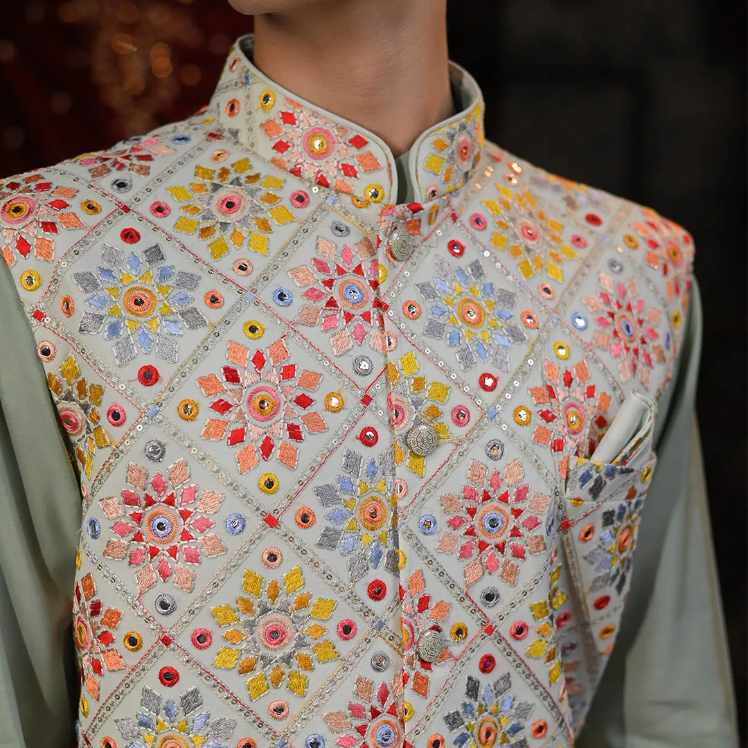 Festive Light Gray Multicolour Thread Work Embroidery Kurta Set With Jacket