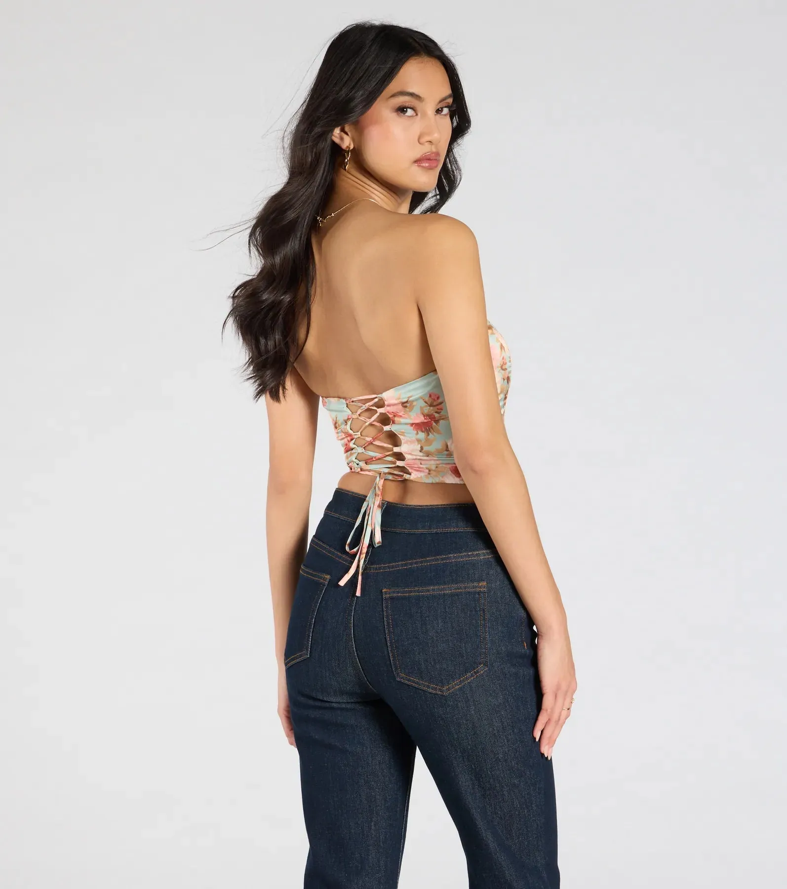Floral Aesthetic Lace-Up Satin Corset Top