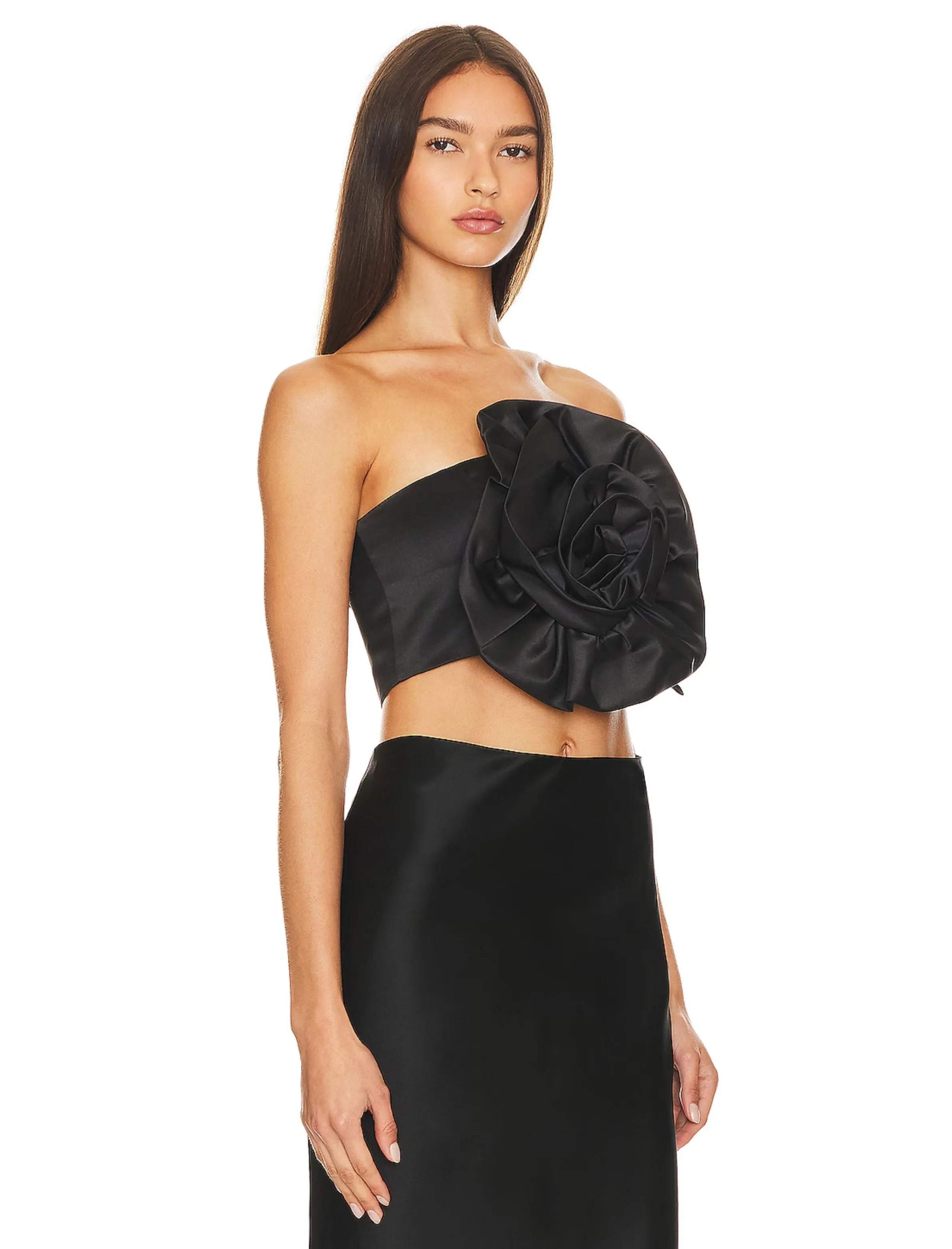 Floral Bow Satin Tube Top - Black