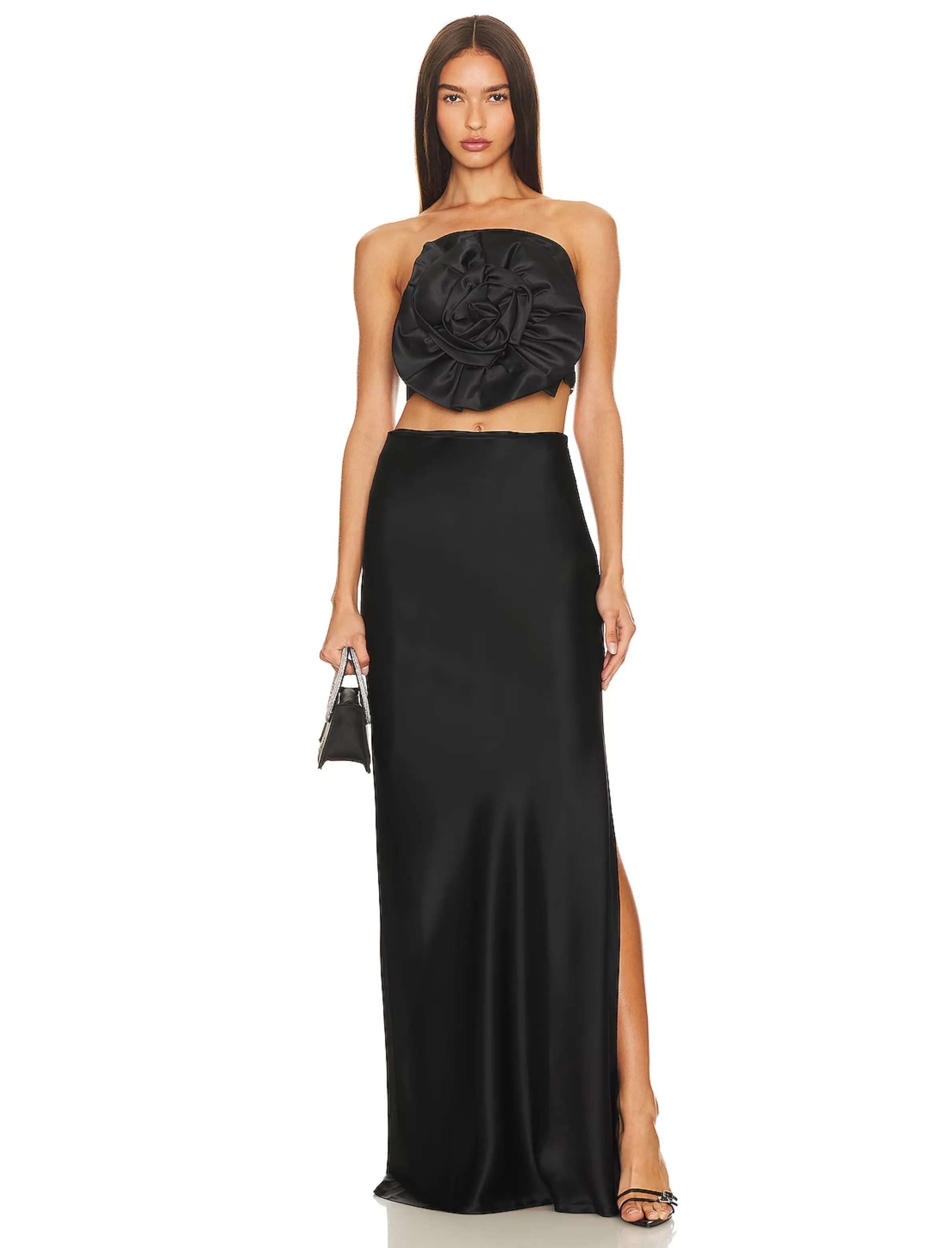 Floral Bow Satin Tube Top - Black