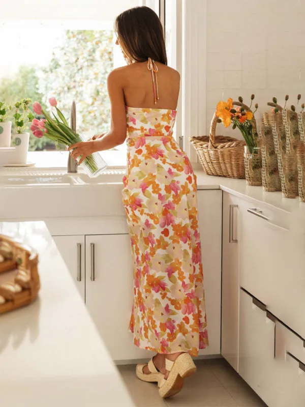 Floral Print Halter Neck Dress with Ruched Front and Slit