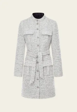Frayed-detail Striped Mixed-tweed Belted Coat