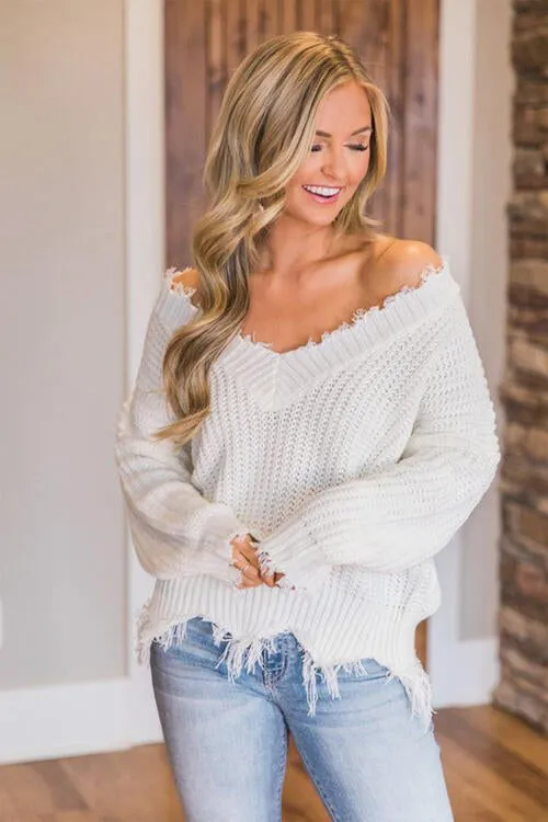 Frayed Hem Dropped Shoulder Sweater (10 Colors)