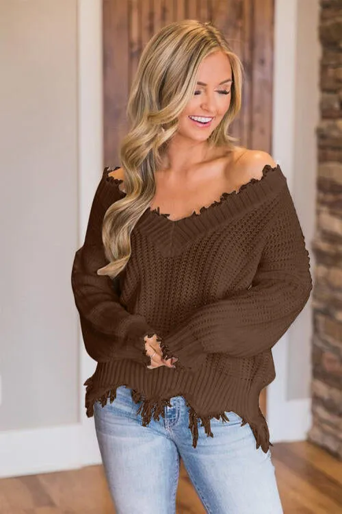 Frayed Hem Dropped Shoulder Sweater (10 Colors)