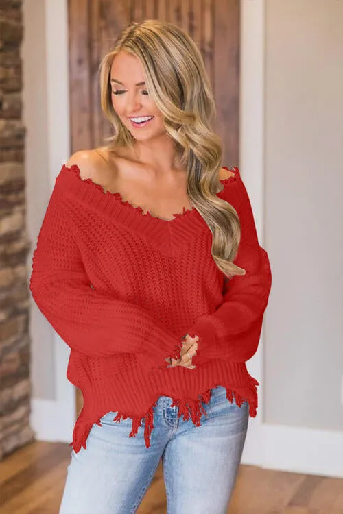 Frayed Hem Dropped Shoulder Sweater (10 Colors)