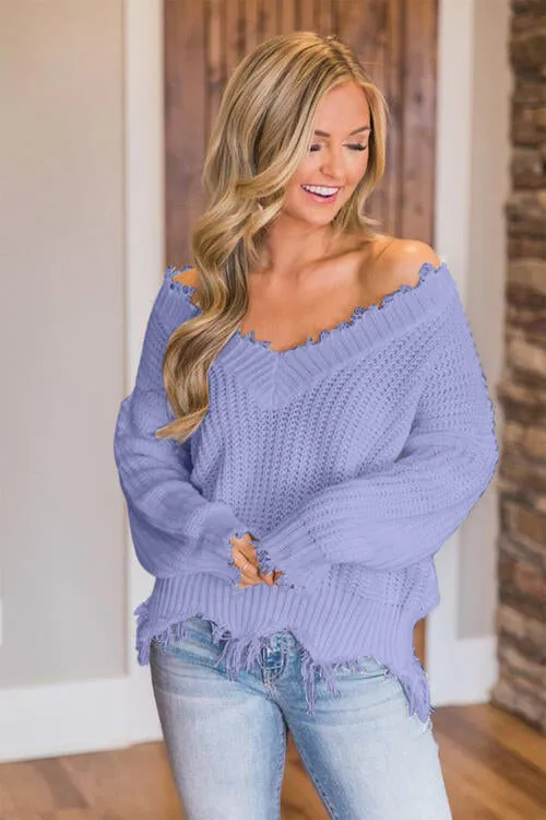 Frayed Hem Dropped Shoulder Sweater (10 Colors)