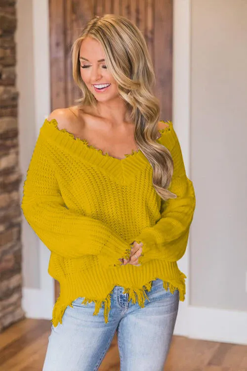 Frayed Hem Dropped Shoulder Sweater (10 Colors)
