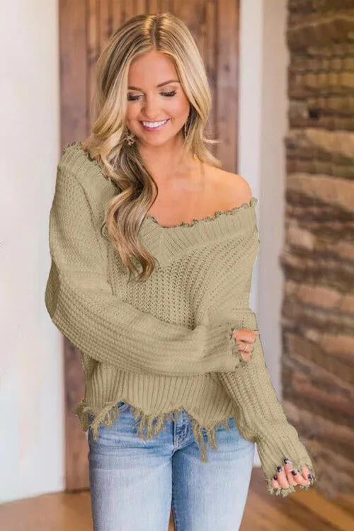 Frayed Hem Dropped Shoulder Sweater (10 Colors)