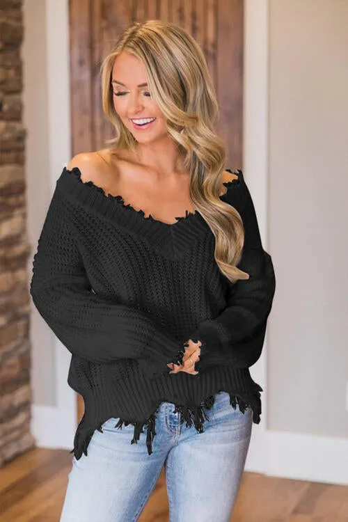 Frayed Hem Dropped Shoulder Sweater (10 Colors)