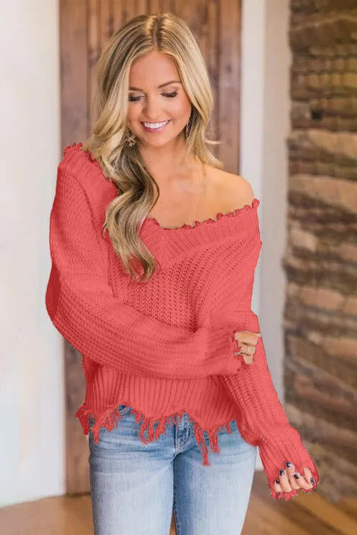 Frayed Hem Dropped Shoulder Sweater (10 Colors)