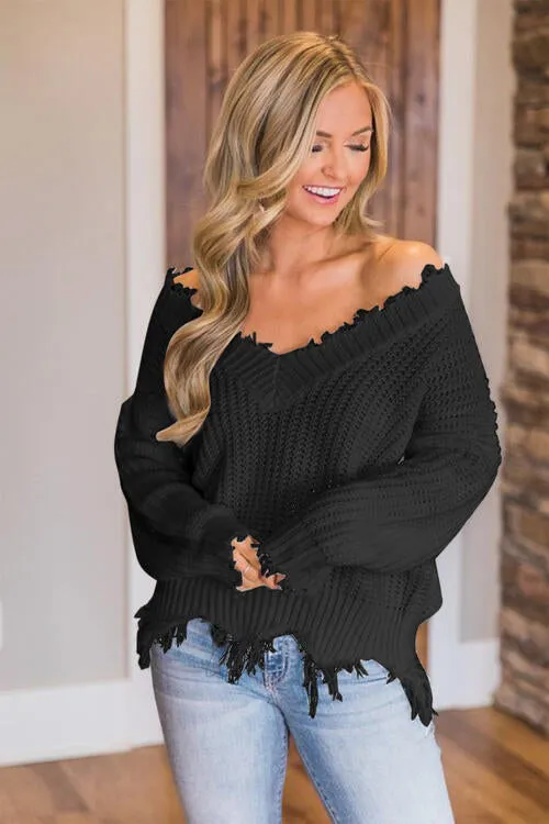Frayed Hem Dropped Shoulder Sweater (10 Colors)