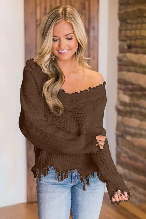 Frayed Hem Dropped Shoulder Sweater (10 Colors)