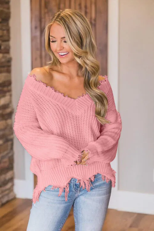 Frayed Hem Dropped Shoulder Sweater (10 Colors)