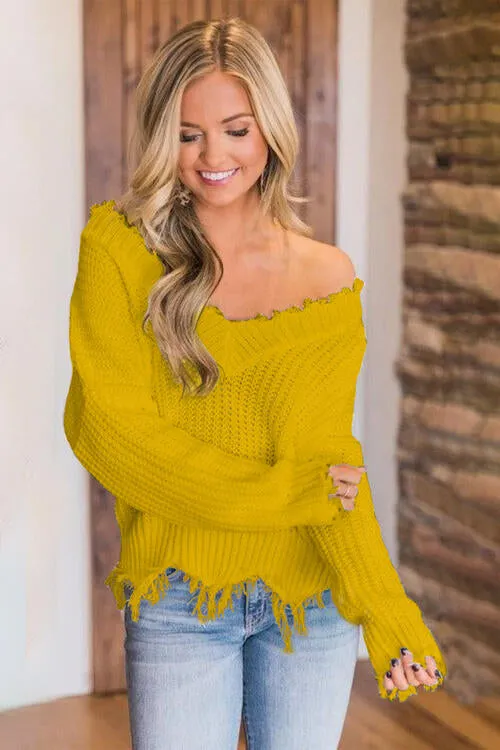 Frayed Hem Dropped Shoulder Sweater (10 Colors)