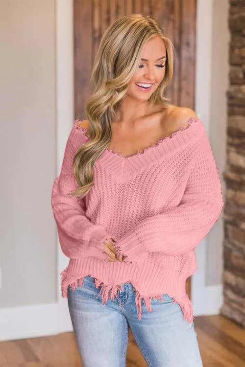 Frayed Hem Dropped Shoulder Sweater (10 Colors)