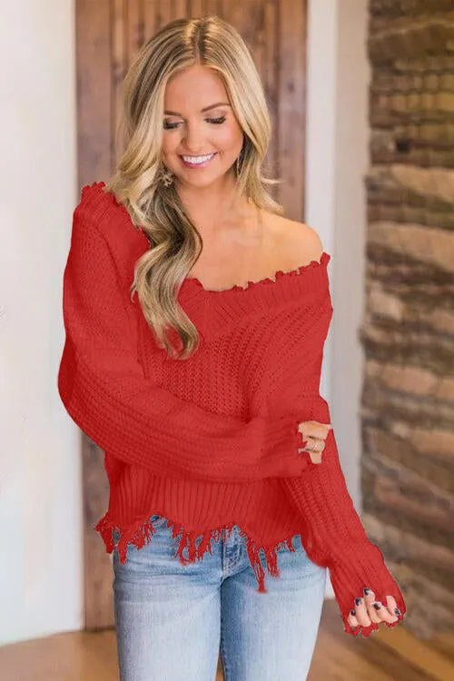 Frayed Hem Dropped Shoulder Sweater (10 Colors)