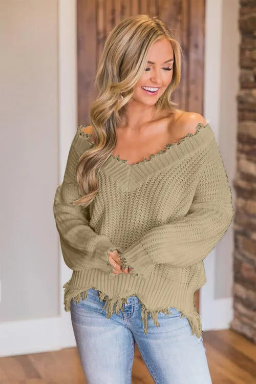 Frayed Hem Dropped Shoulder Sweater (10 Colors)