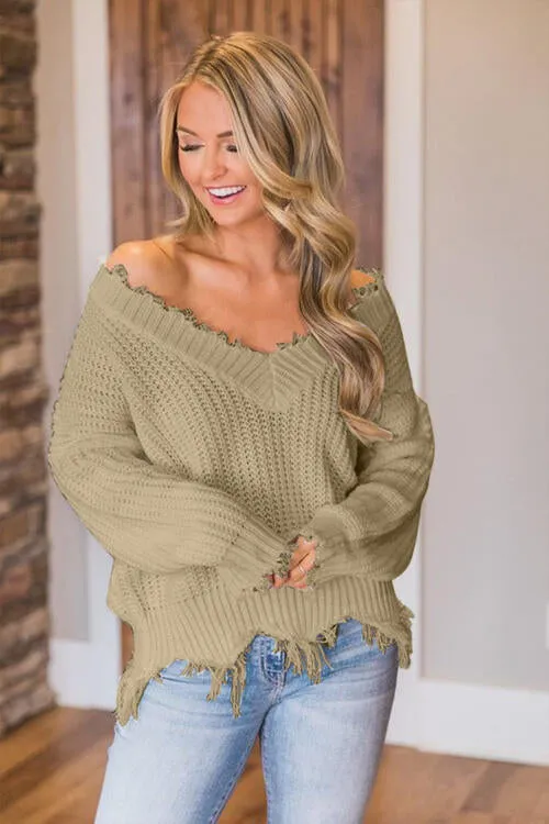 Frayed Hem Dropped Shoulder Sweater (10 Colors)