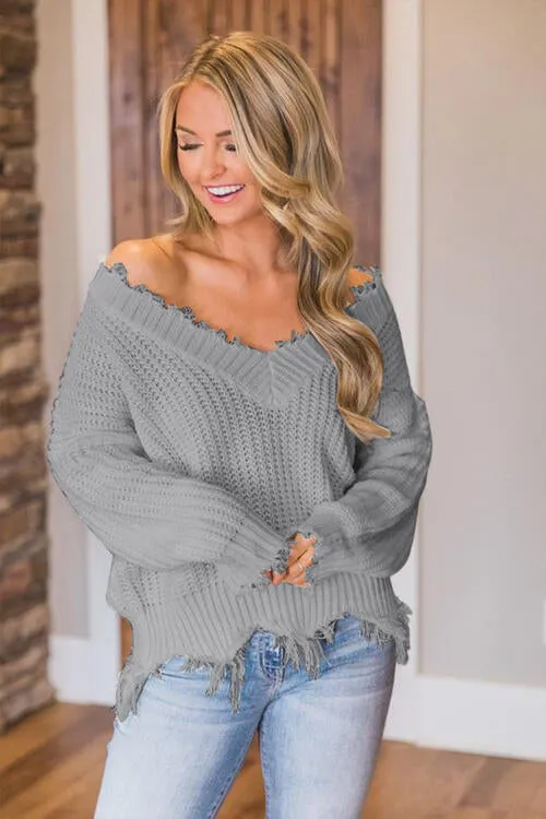 Frayed Hem Dropped Shoulder Sweater (10 Colors)