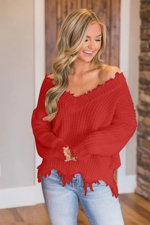 Frayed Hem Dropped Shoulder Sweater (10 Colors)