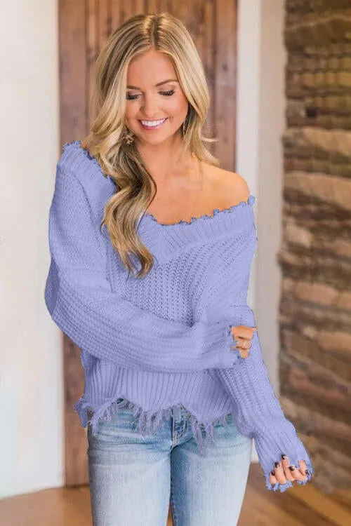 Frayed Hem Dropped Shoulder Sweater (10 Colors)