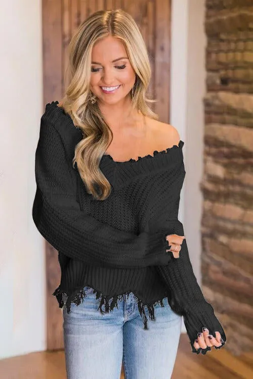 Frayed Hem Dropped Shoulder Sweater (10 Colors)