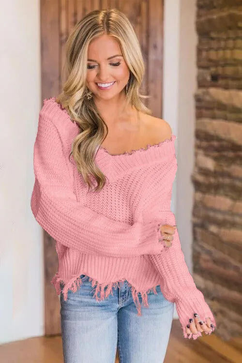 Frayed Hem Dropped Shoulder Sweater (10 Colors)