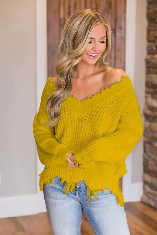 Frayed Hem Dropped Shoulder Sweater (10 Colors)
