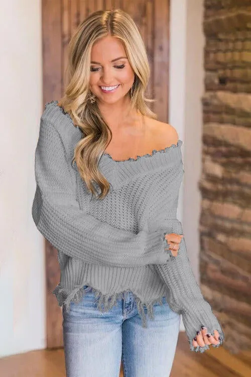 Frayed Hem Dropped Shoulder Sweater (10 Colors)